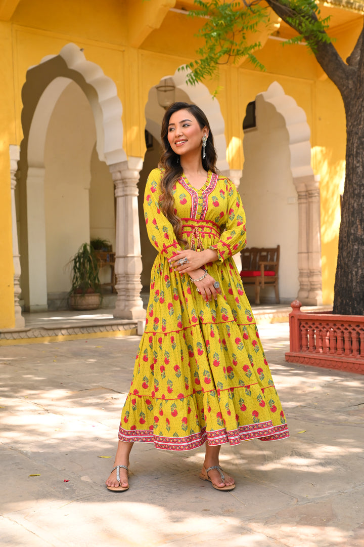 Yellow Cotton Printed Designer Detailed Tiered Maxi Dress