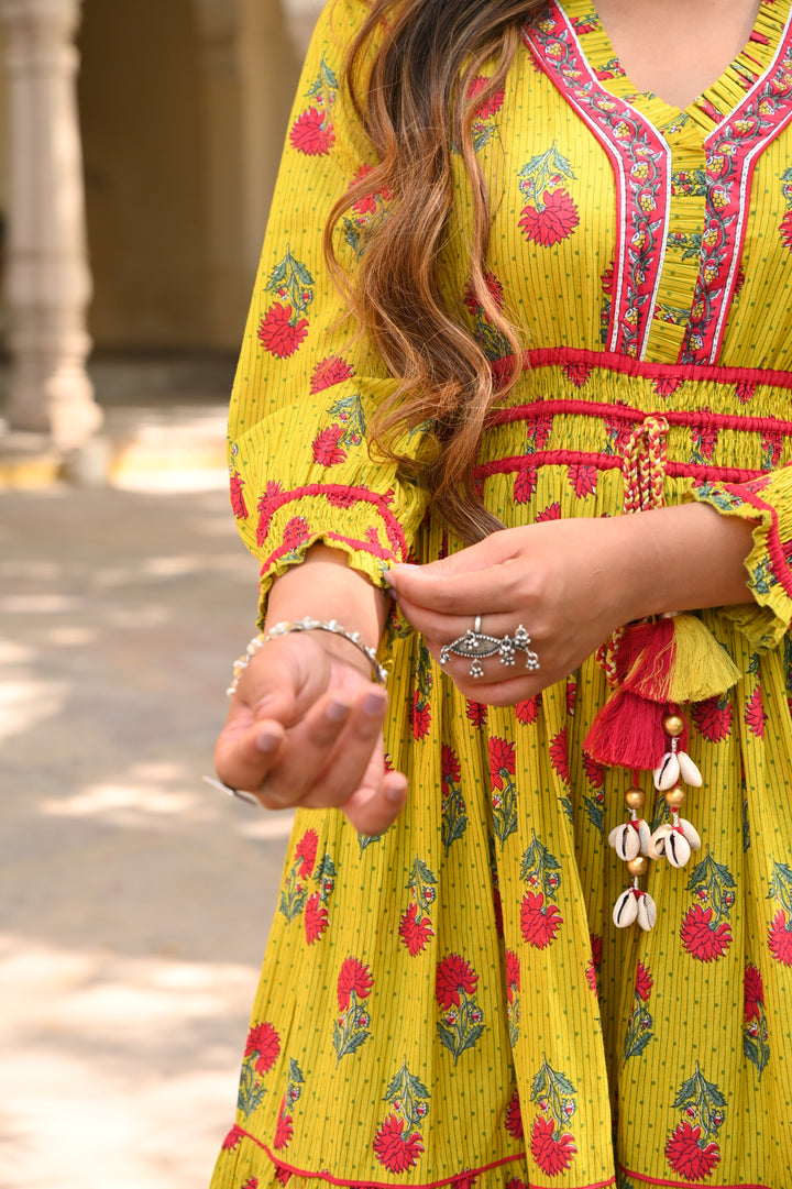 Yellow Cotton Printed Designer Detailed Tiered Maxi Dress