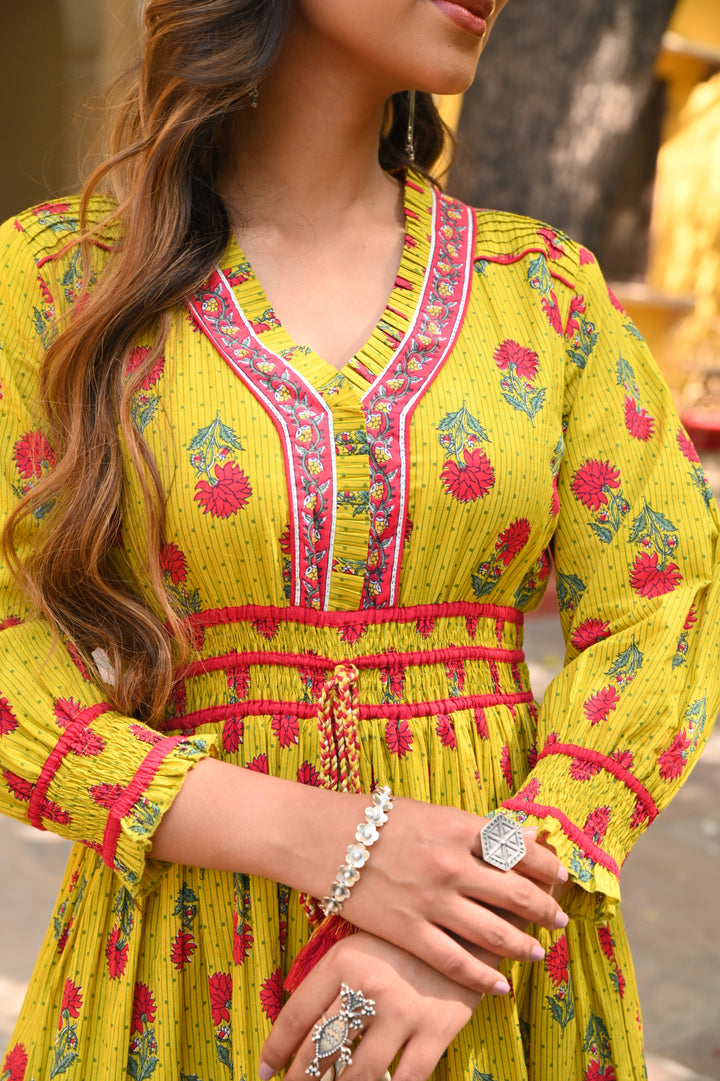 Yellow Cotton Printed Designer Detailed Tiered Maxi Dress