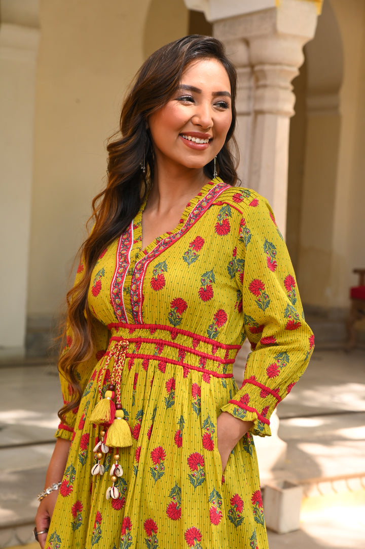 Yellow Cotton Printed Designer Detailed Tiered Maxi Dress