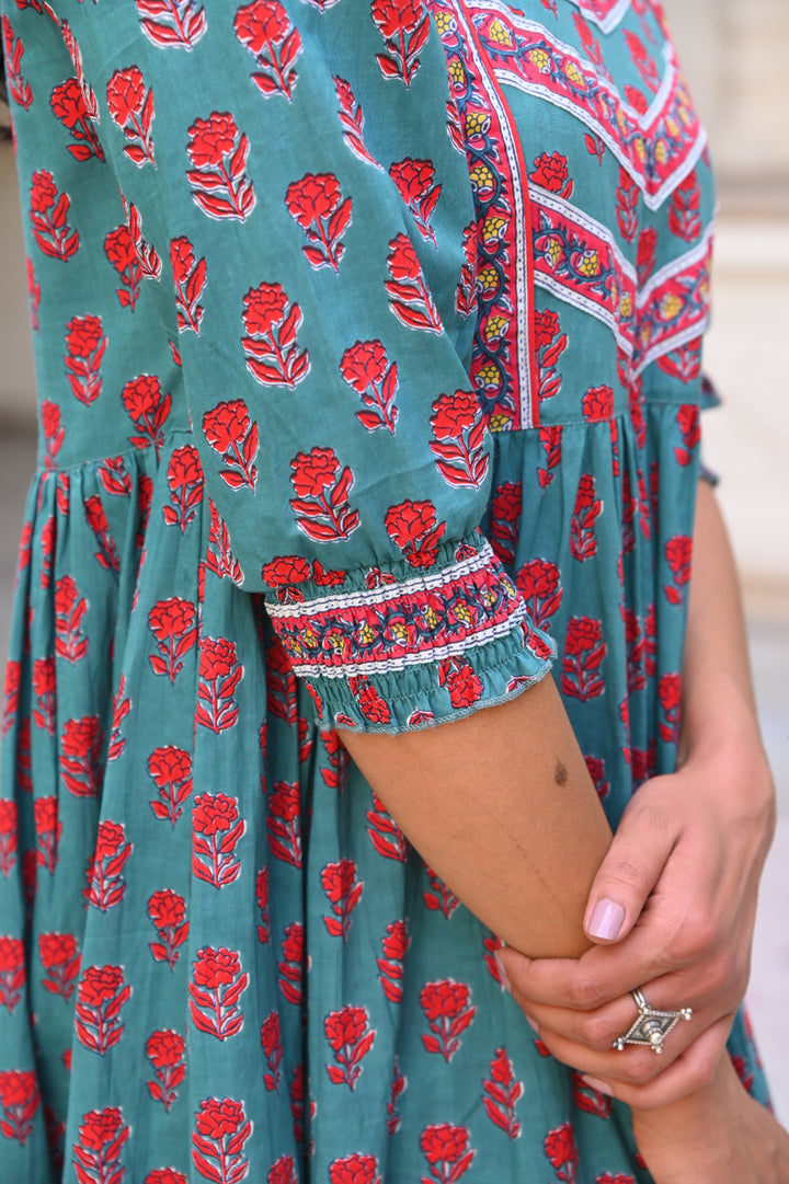 Teal Green Floral Printed Cotton Ethnic Tier Dress