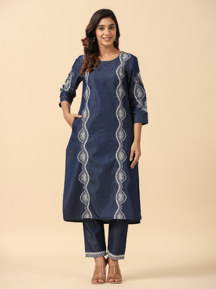 Dark Blue Embroidered Denim Straight  Kurta