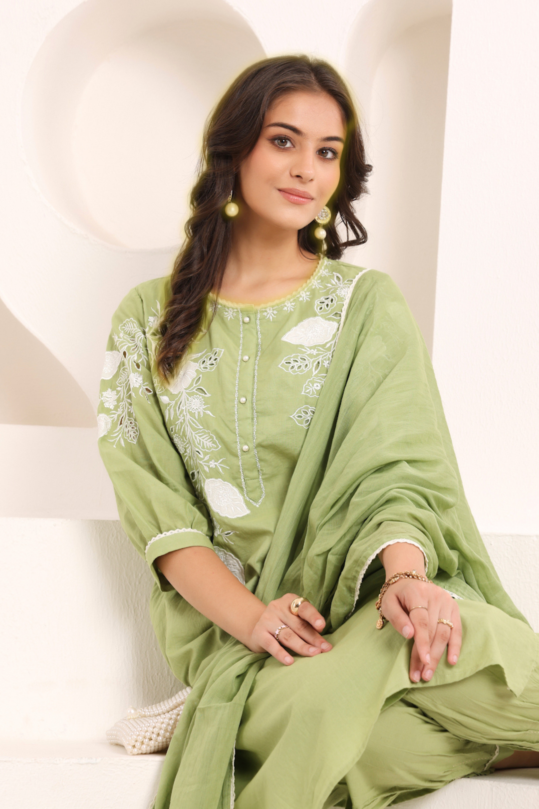 Green Cotton Applique Kurta Set With Dupatta