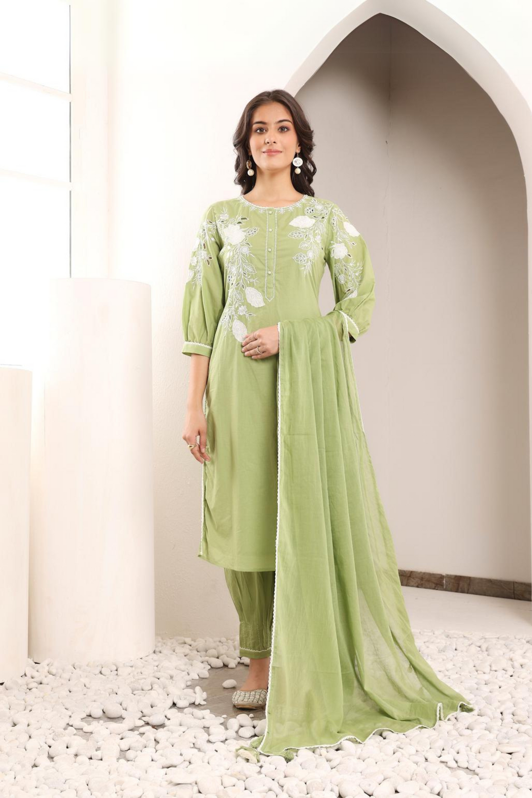 Green Cotton Applique Kurta Set With Dupatta