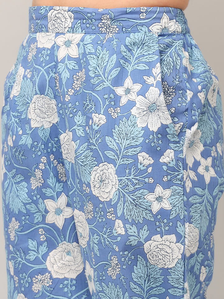 Cotton Blue Printed A-Line Kurta Pant Set