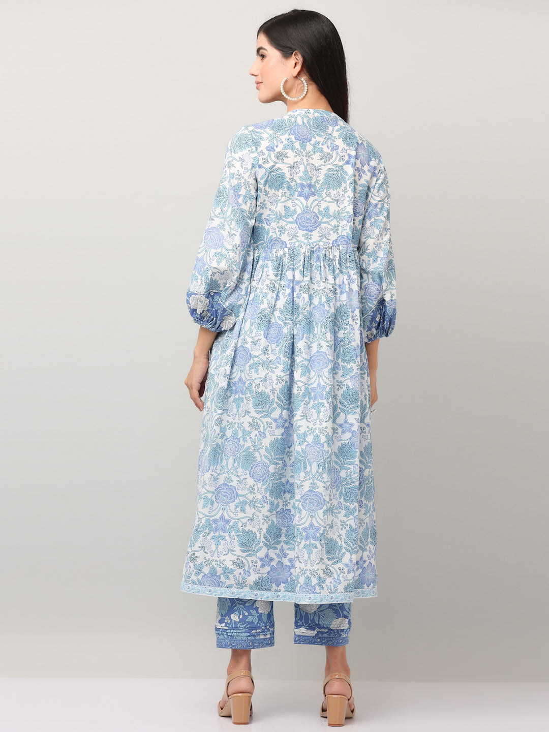 Cotton Blue Printed A-Line Kurta Pant Set