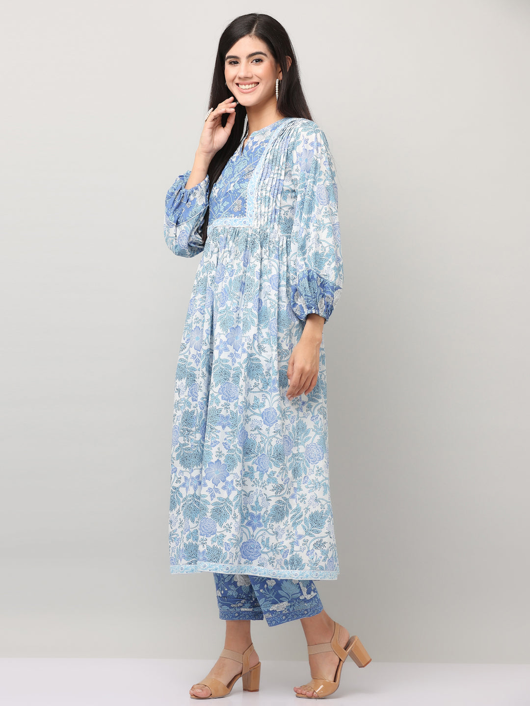 Cotton Blue Printed A-Line Kurta Pant Set