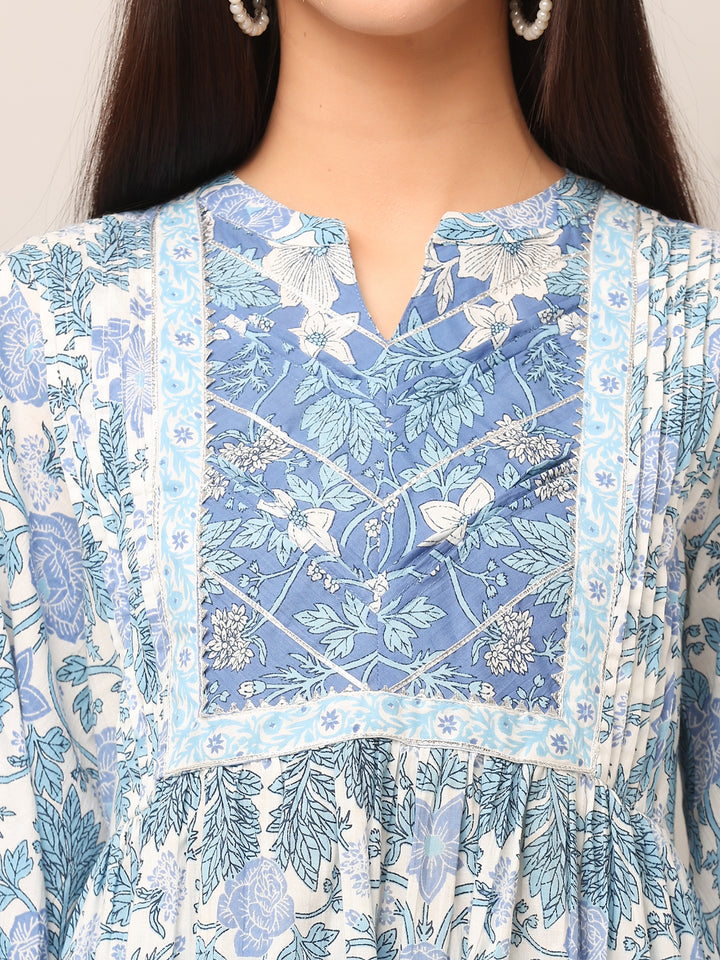 Cotton Blue Printed A-Line Kurta Pant Set
