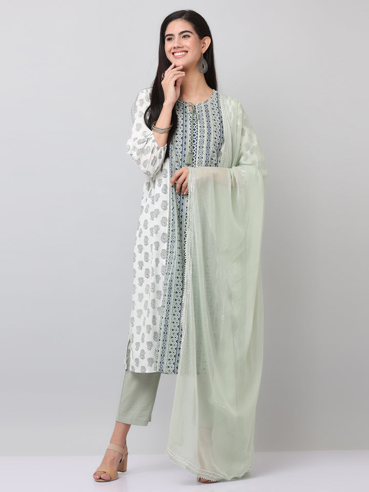 Cotton Green Printed Straight Kurta Pant Set With Dupatta