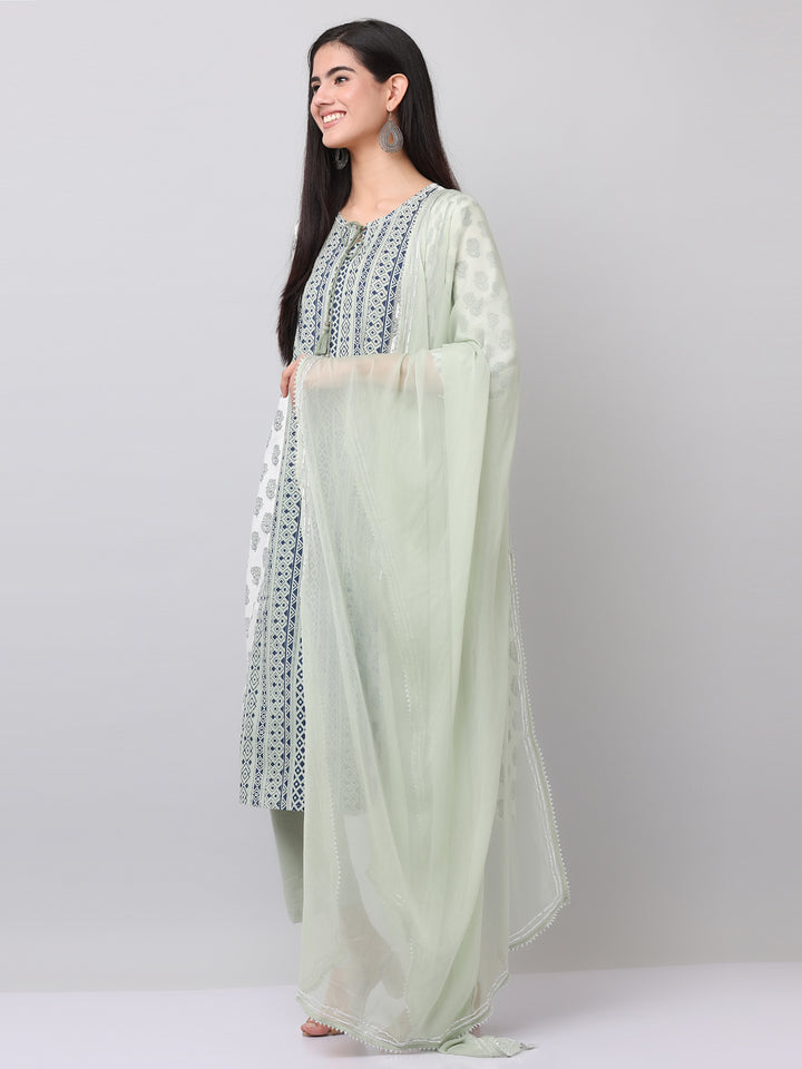 Cotton Green Printed Straight Kurta Pant Set With Dupatta