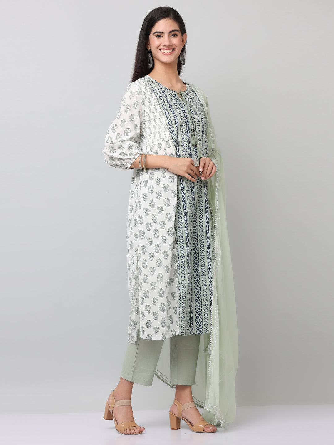 Cotton Green Printed Straight Kurta Pant Set With Dupatta