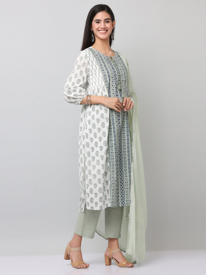 Cotton Green Printed Straight Kurta Pant Set With Dupatta