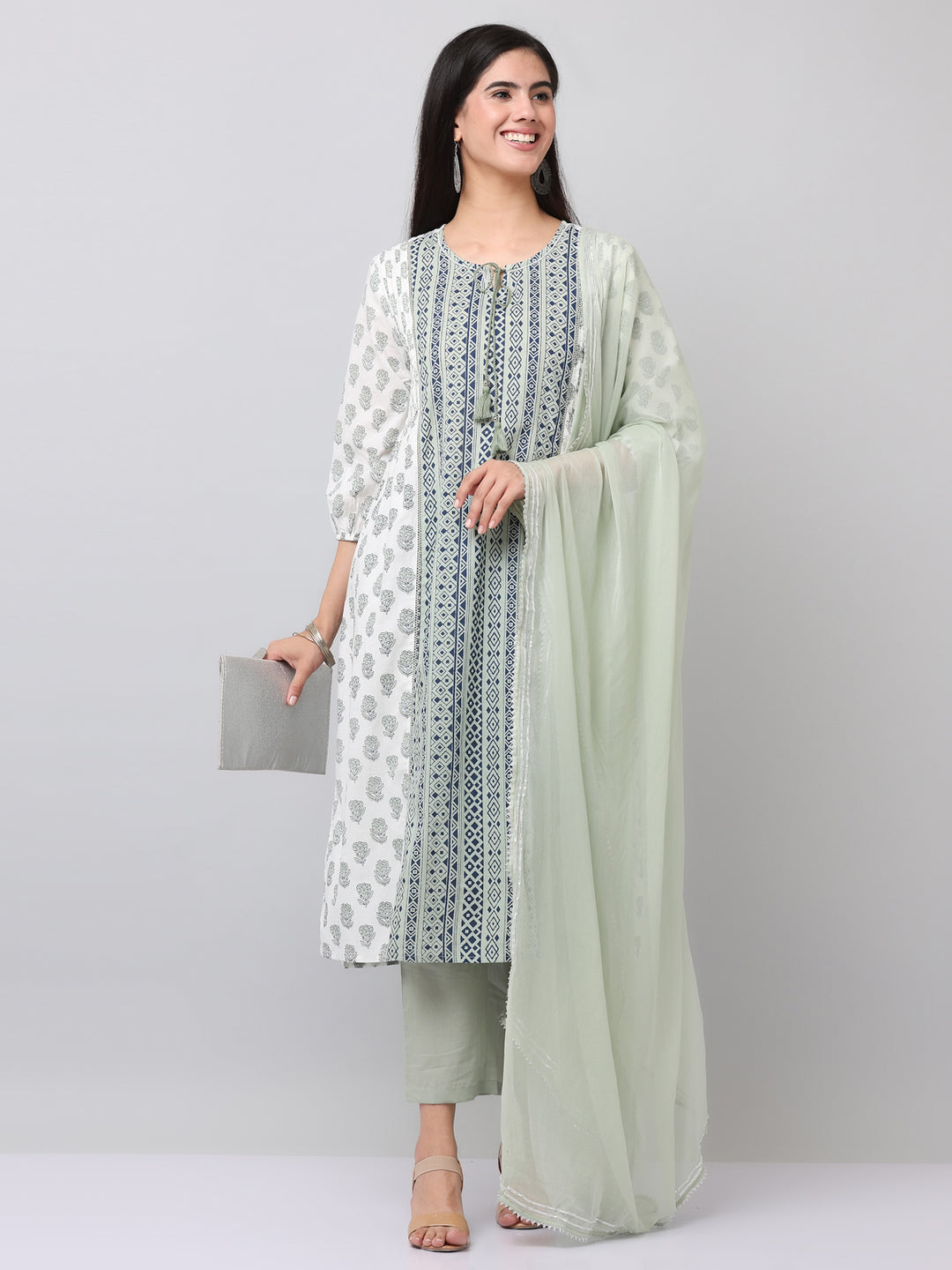 Cotton Green Printed Straight Kurta Pant Set With Dupatta