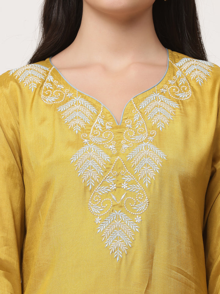 Mustard Embroidered Kurta Pant Set With Dupatta