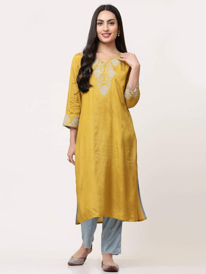 Mustard Embroidered Kurta Pant Set With Dupatta