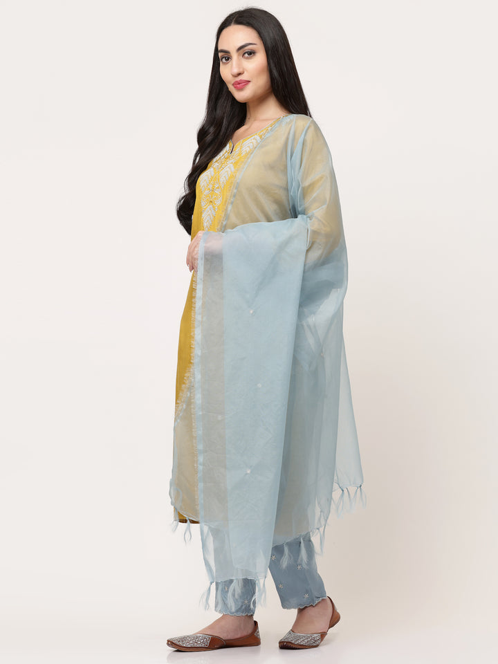 Mustard Embroidered Kurta Pant Set With Dupatta