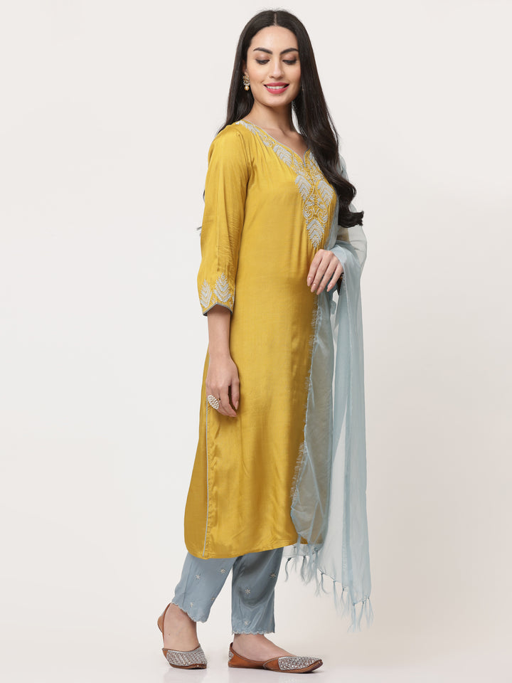 Mustard Embroidered Kurta Pant Set With Dupatta