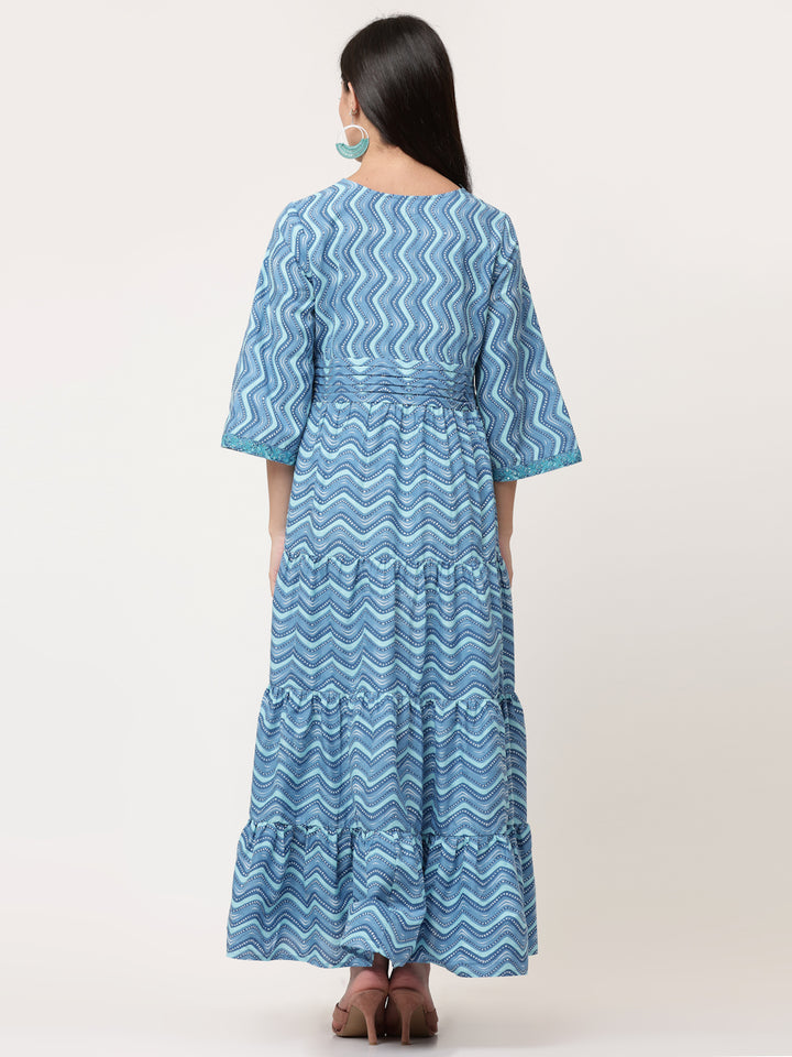 Blue Cotton Printed Tiered Dress