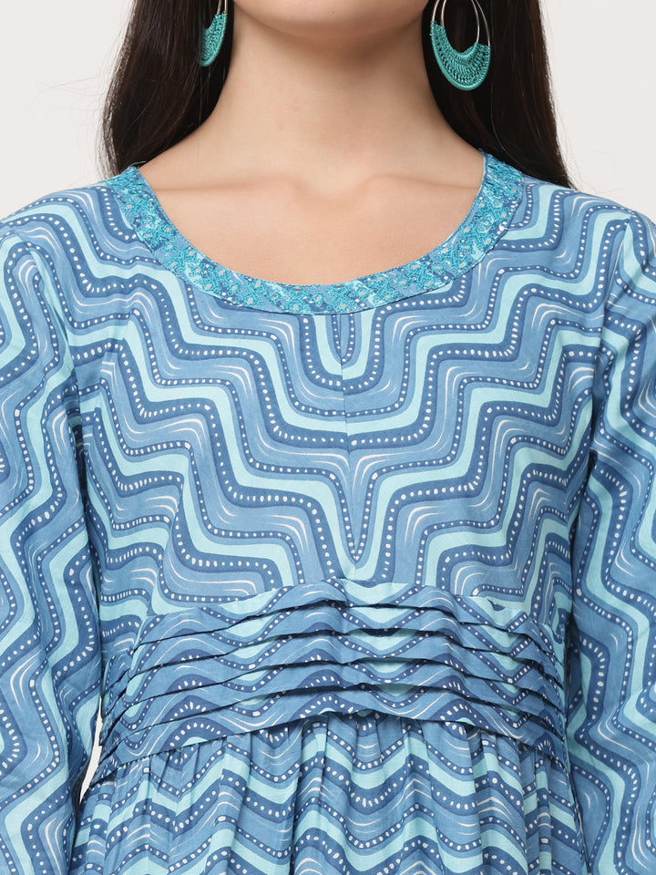 Blue Cotton Printed Tiered Dress