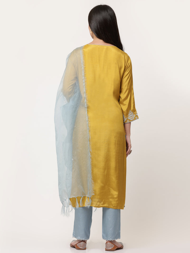 Mustard Embroidered Kurta Pant Set With Dupatta