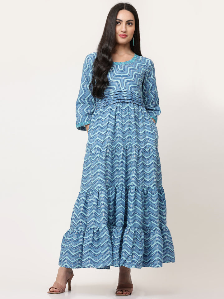 Blue Cotton Printed Tiered Dress