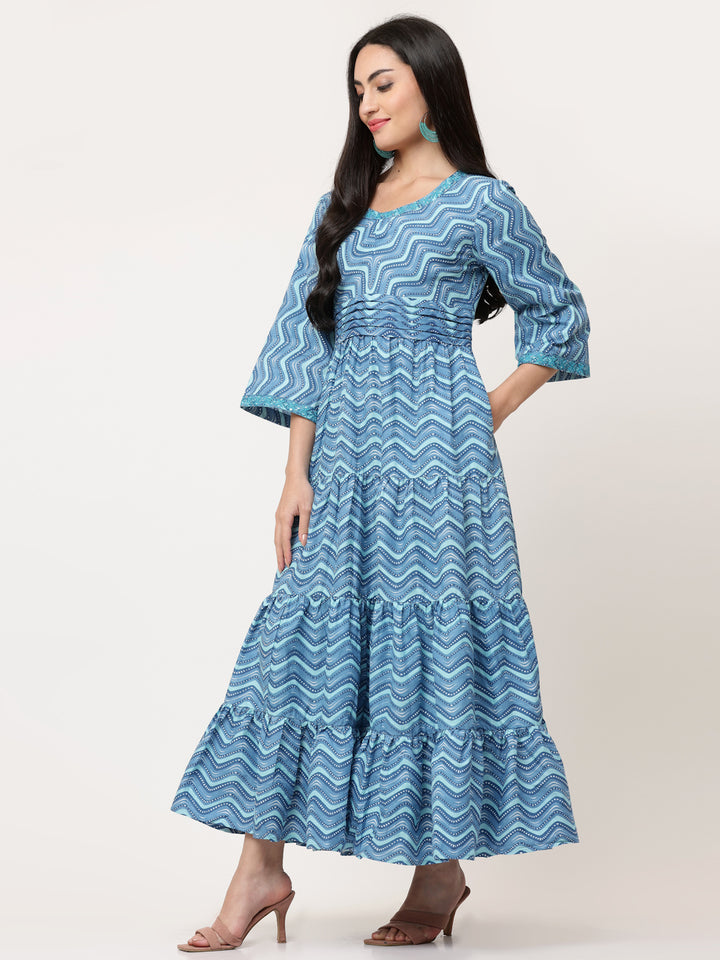 Blue Cotton Printed Tiered Dress