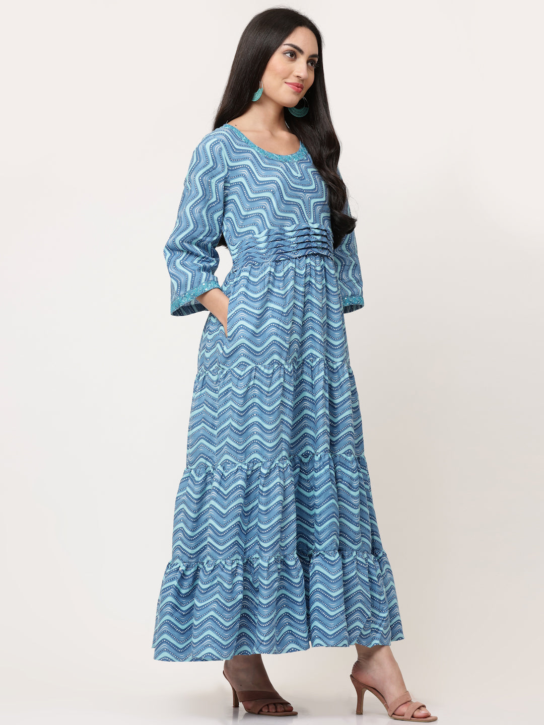 Blue Cotton Printed Tiered Dress