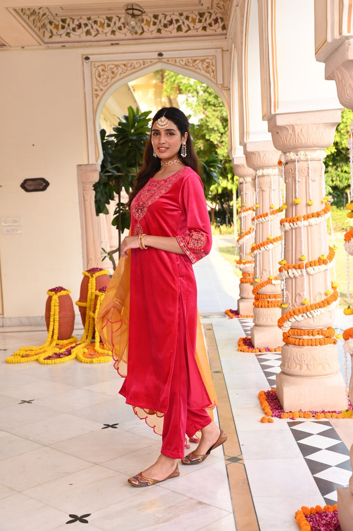Pink Embroidered Velvet Designer Straight Kurta Pant Set With Dupatta