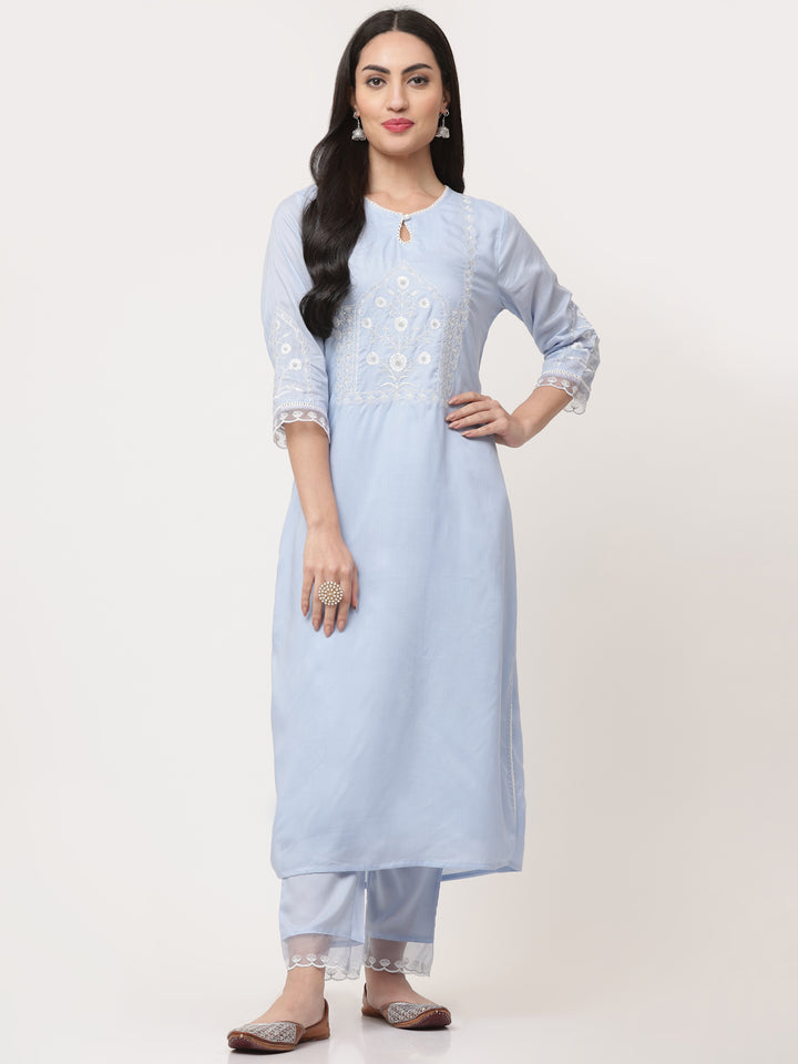 Light Blue Embroidered Kurta Pant Set With Dupatta