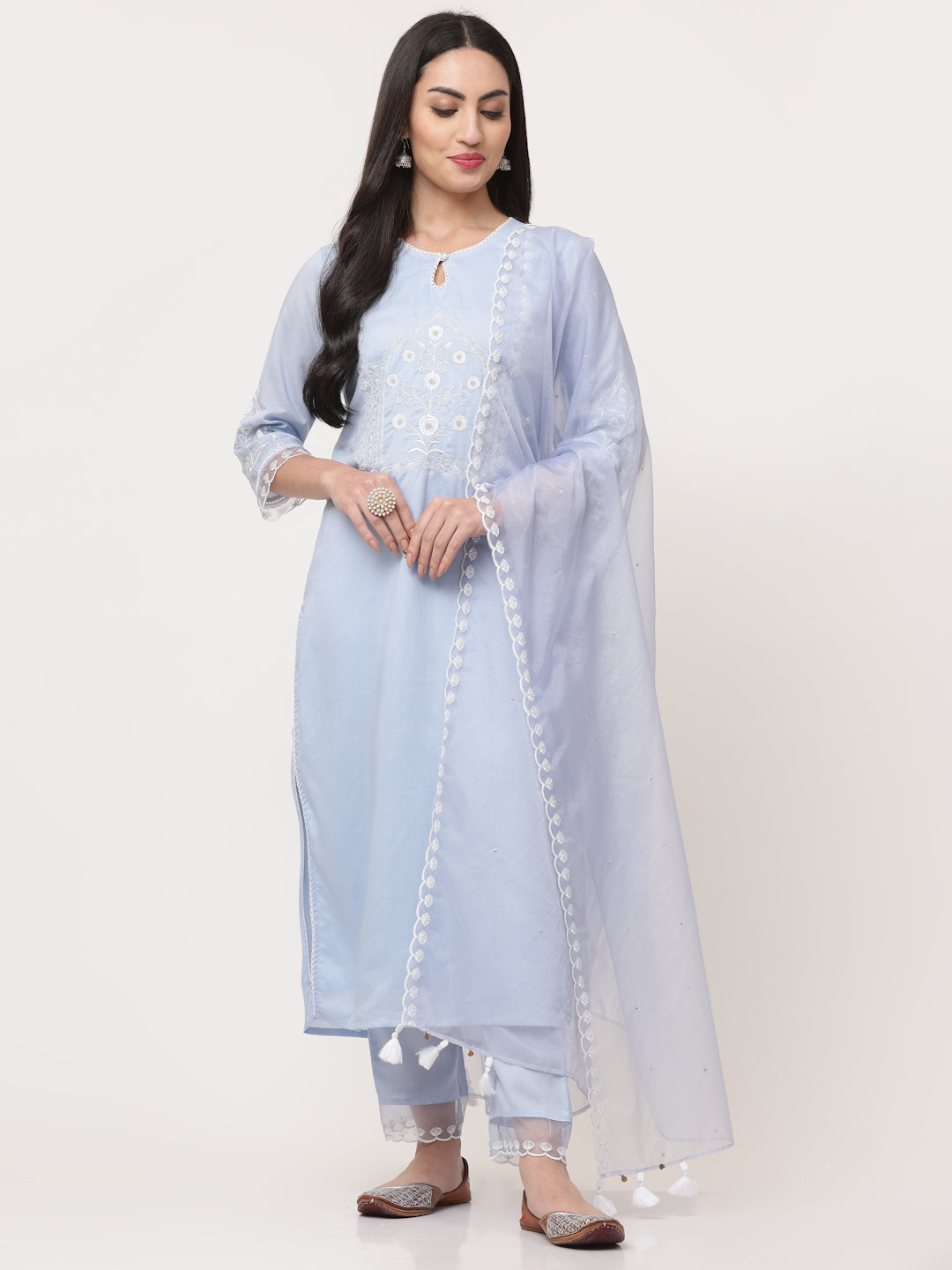 Light Blue Embroidered Kurta Pant Set With Dupatta