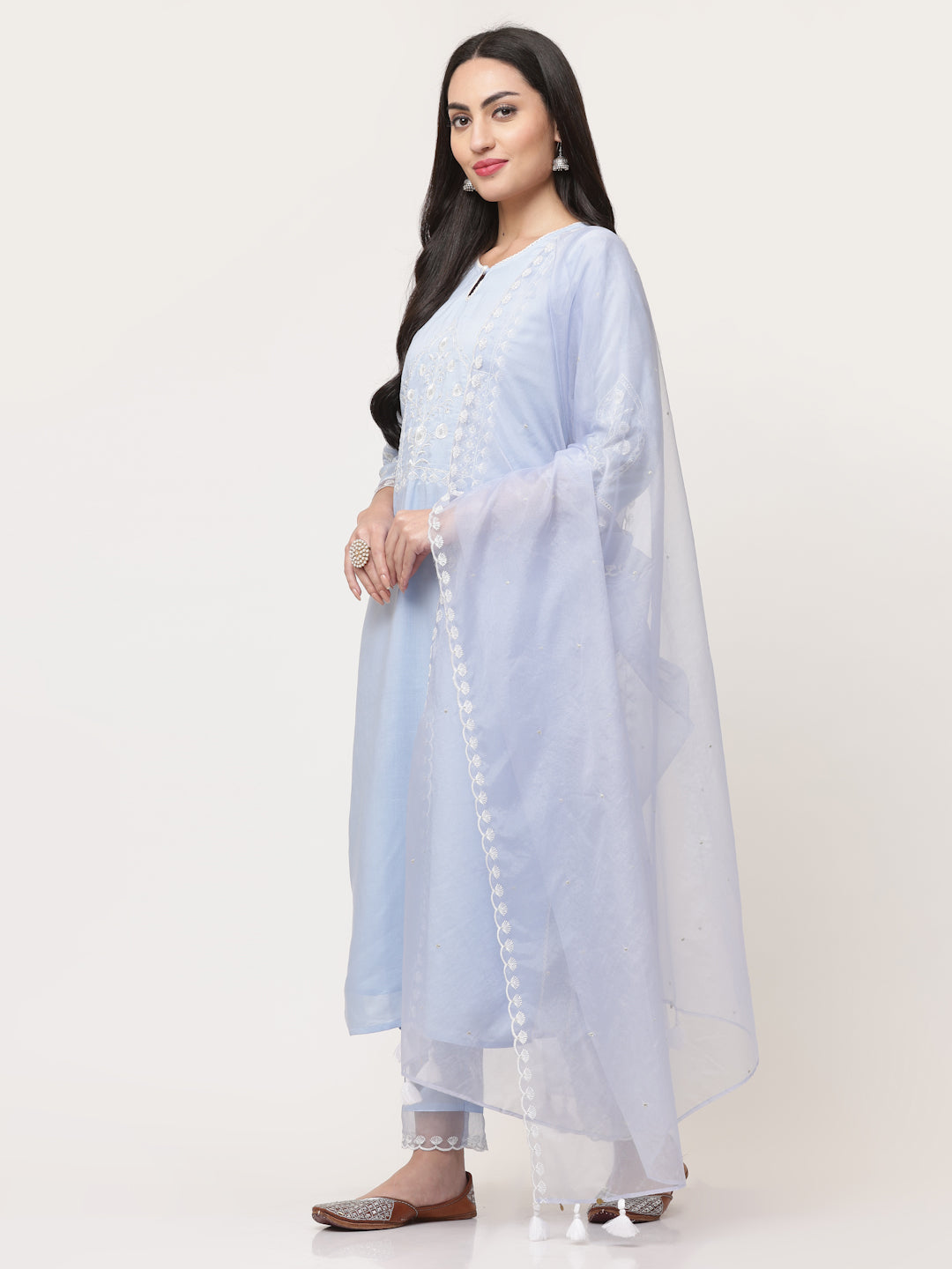 Light Blue Embroidered Kurta Pant Set With Dupatta