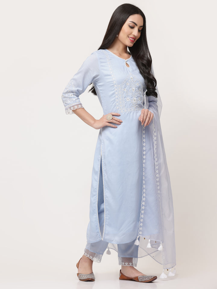 Light Blue Embroidered Kurta Pant Set With Dupatta