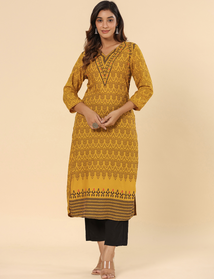 Mustard Printed Rayon Straight Kurta