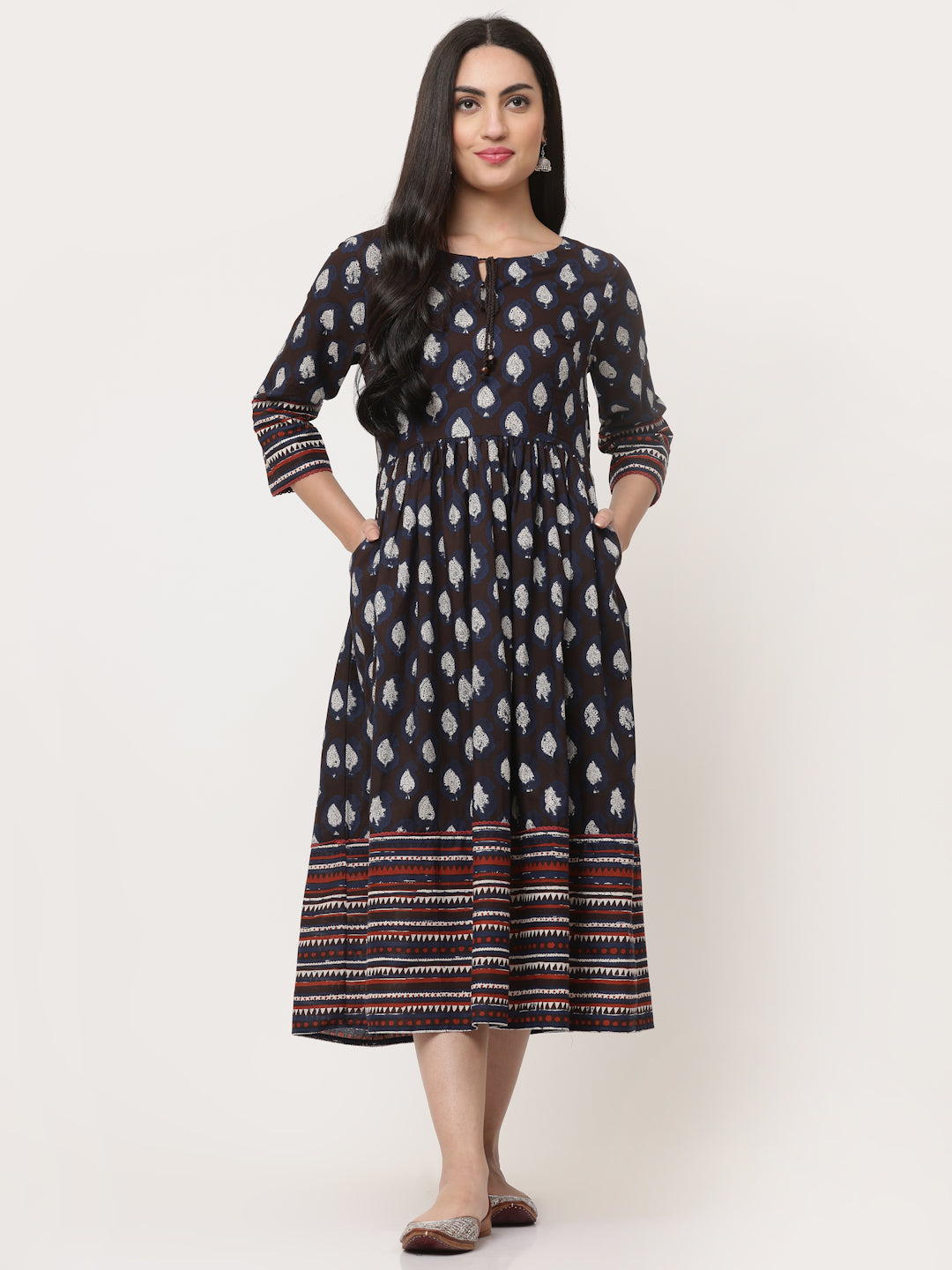 Navy Cotton Bagru Printed Gathered Dress