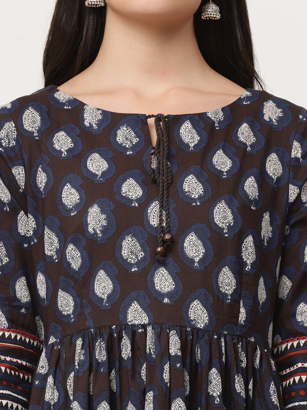 Navy Cotton Bagru Printed Gathered Dress