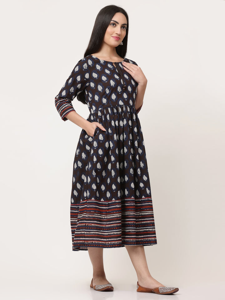 Navy Cotton Bagru Printed Gathered Dress