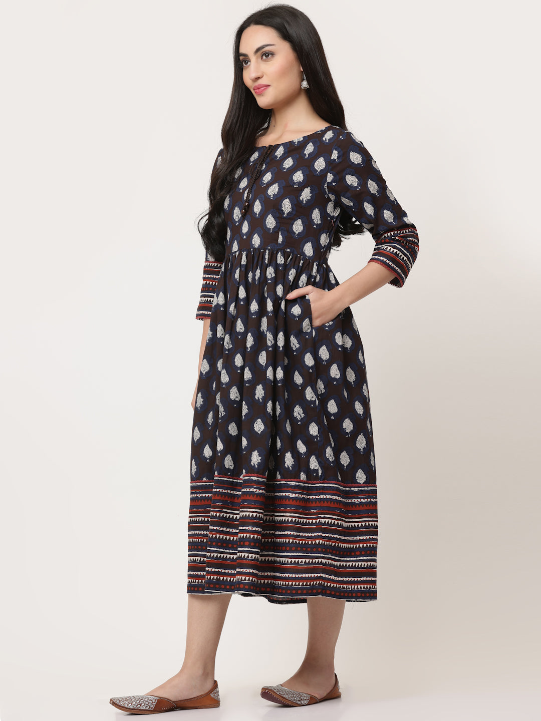 Navy Cotton Bagru Printed Gathered Dress