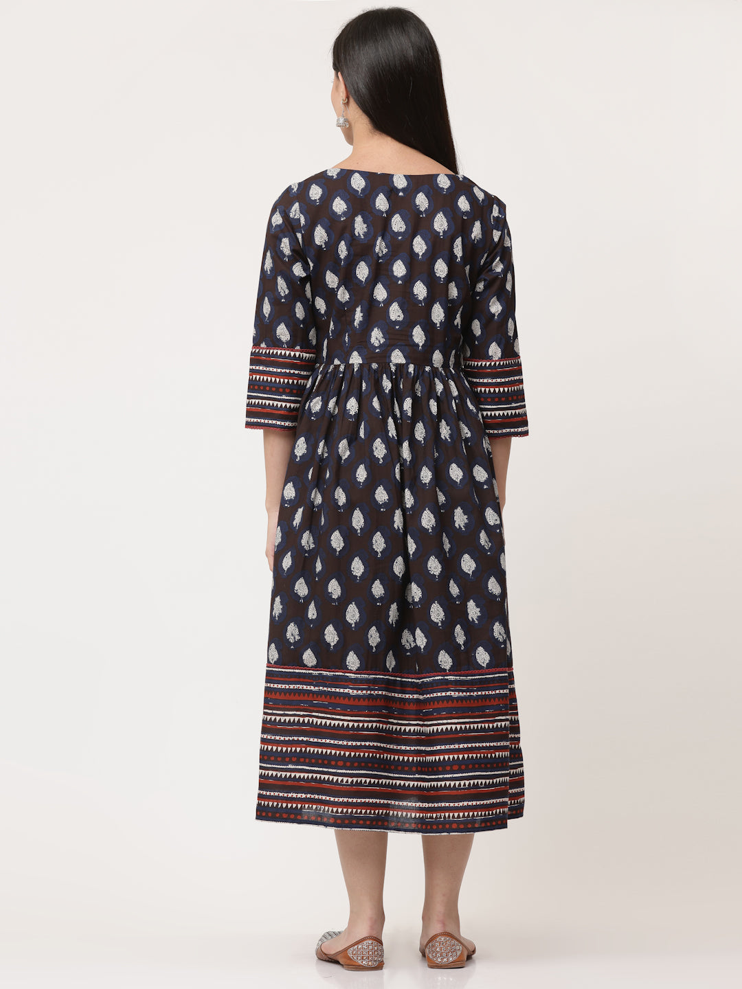 Navy Cotton Bagru Printed Gathered Dress