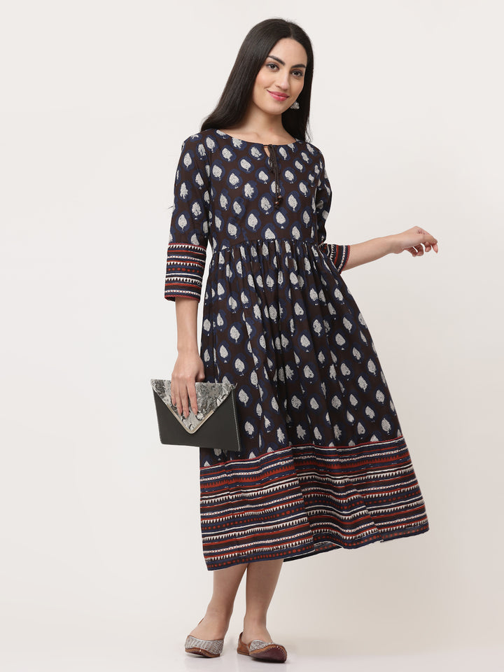 Navy Cotton Bagru Printed Gathered Dress