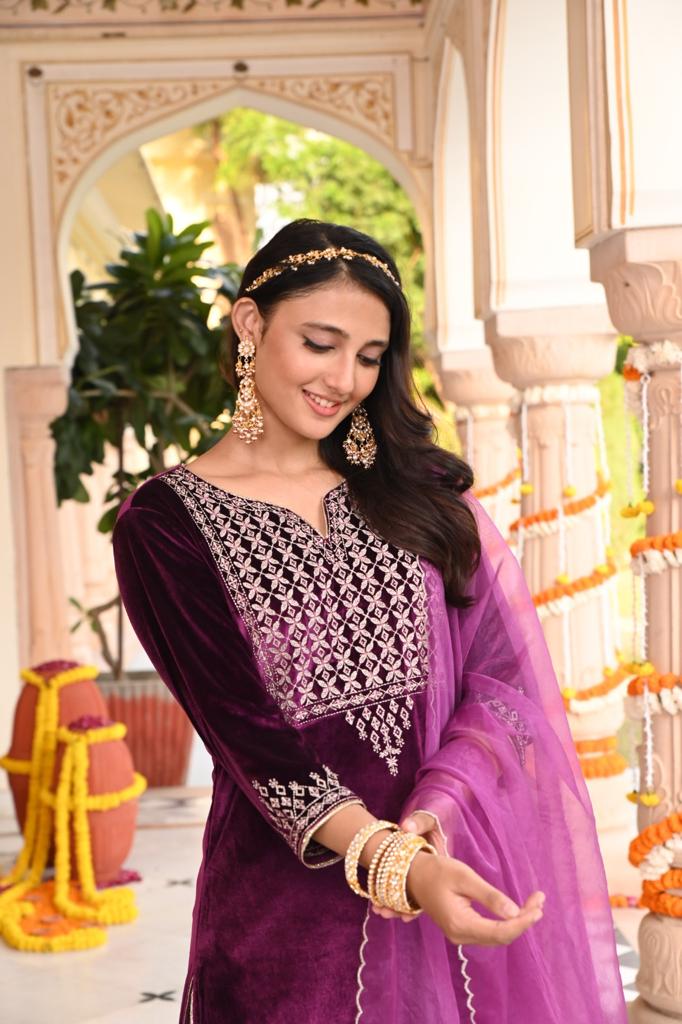 Purple Zari Embroidered Velvet Designer Straight Kurta Pant Set With Dupatta