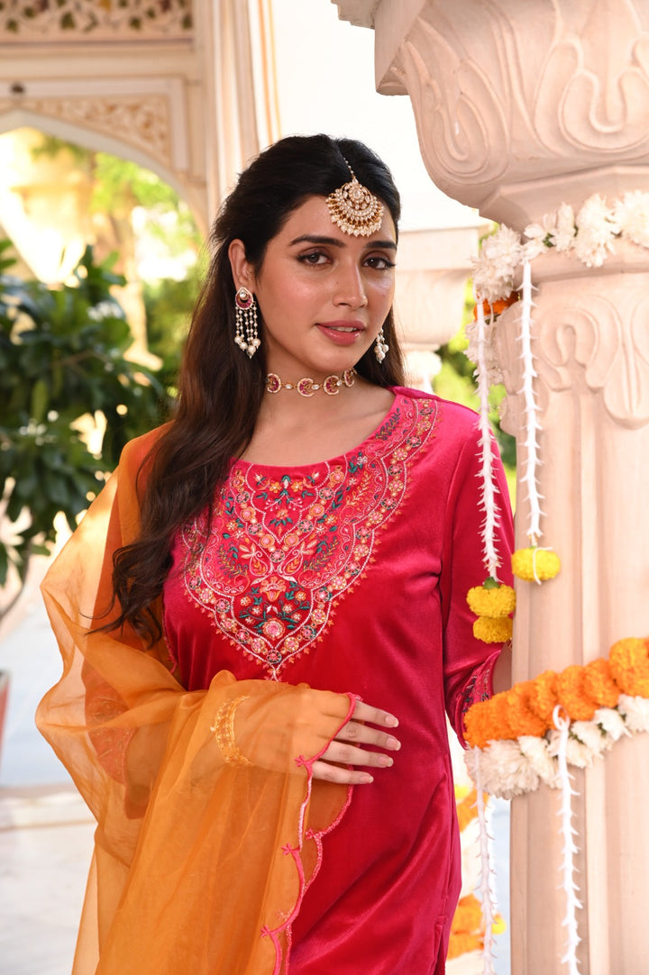 Pink Embroidered Velvet Designer Straight Kurta Pant Set With Dupatta
