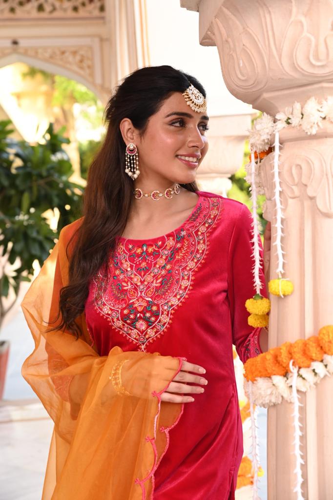 Pink Embroidered Velvet Designer Straight Kurta Pant Set With Dupatta