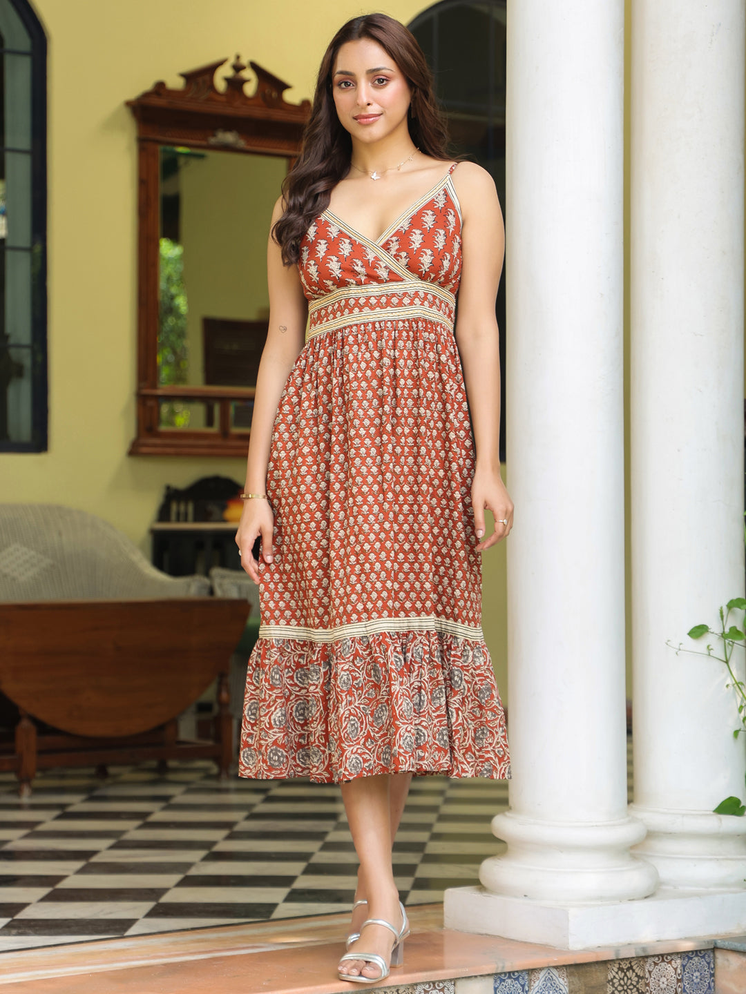 Rust Cotton Printed Strappy Flared Dress
