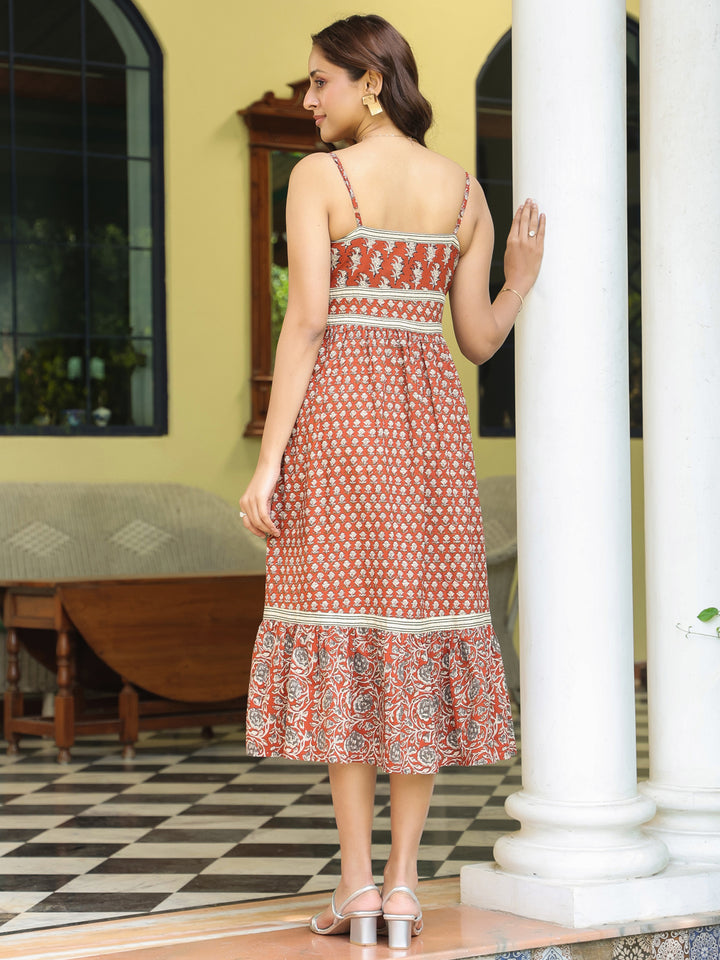 Rust Cotton Printed Strappy Flared Dress