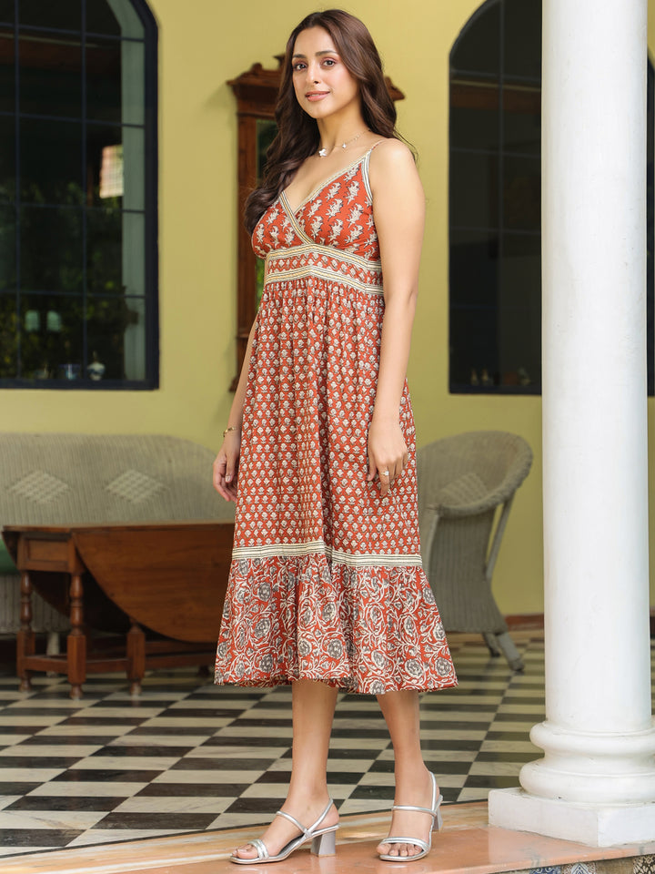 Rust Cotton Printed Strappy Flared Dress