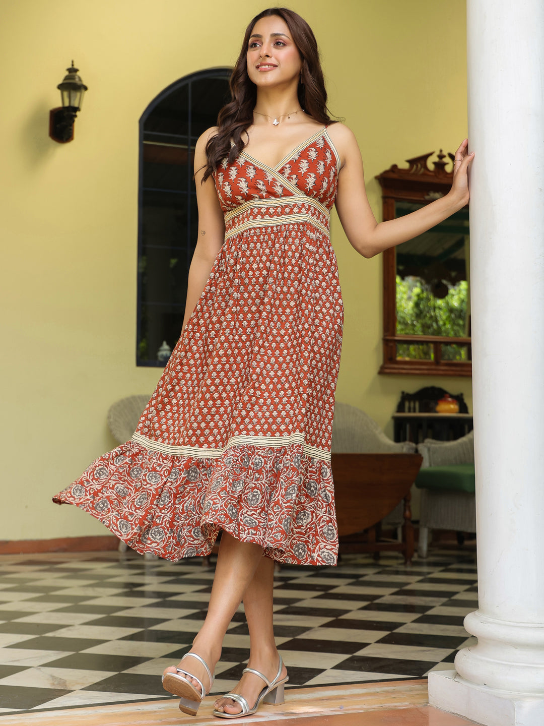 Rust Cotton Printed Strappy Flared Dress