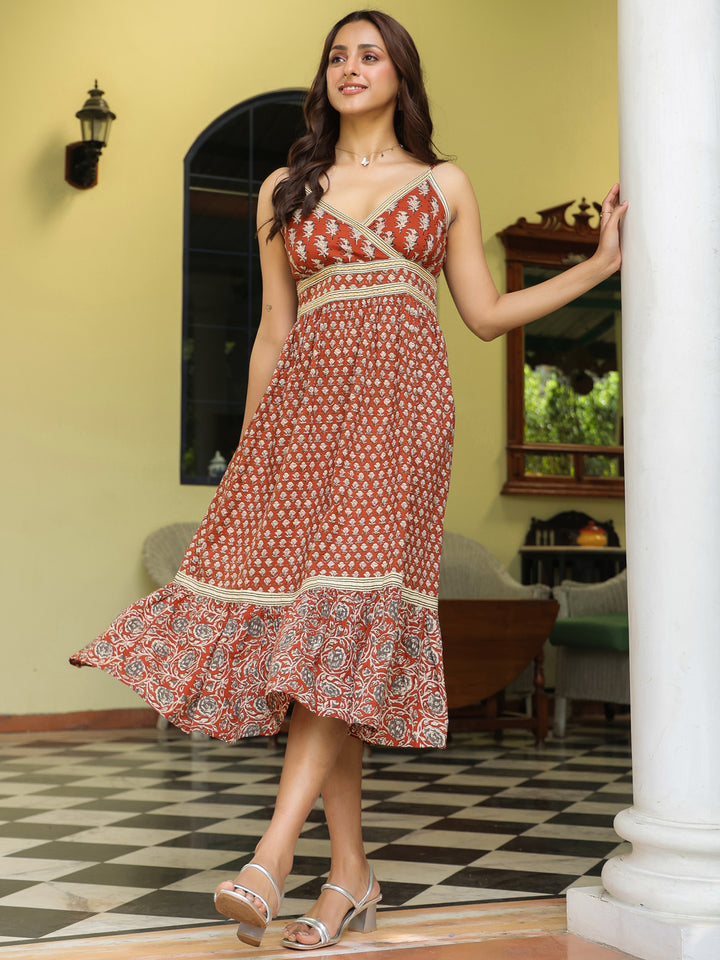 Rust Cotton Printed Strappy Flared Dress