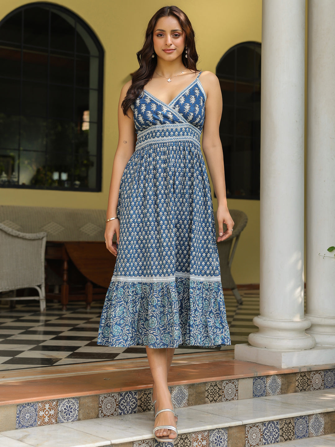 Navy Blue Cotton Printed Strappy Flared Dress – Savi India