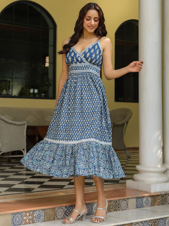 Navy Blue Cotton Printed Strappy Flared Dress