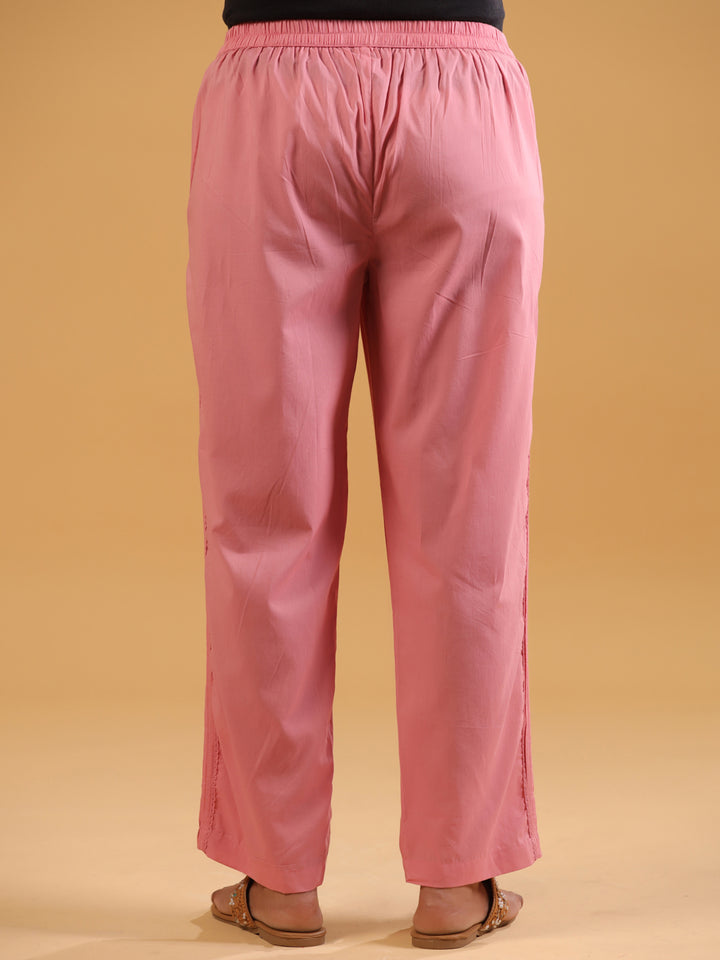 Pink Cotton Solid Pintuck Detailed Straight Pant